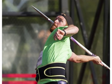 Kyle Nielsen competes in the mens javelIn event at the 2017 Vancouver Sun Harry Jerome Track Classic at the Percy Perry stadium, Coquitlam, June 28 2017.