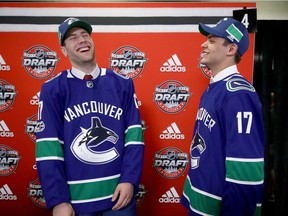 Jonah Gadjovich, left, and Michael DiPietro are interviewed after being drafted by the Vancouver Canucks during the 2017 NHL Draft at the United Center on June 24, 2017 in Chicago, Illinois.