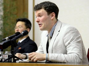 This file photo taken on February 29, 2016 and released by North Korea's official Korean Central News Agency (KCNA) on March 1, 2016 shows US student Otto Frederick Warmbier (R), who was arrested for committing hostile acts against North Korea, speaking at a press conference in Pyongyang. Otto Warmbier, the US student released by North Korea this week after falling into a coma while in a labor camp, has suffered "severe neurological injury," a hospital spokesman said June 15, 2017.The 22-year-old from Cincinnati spent more than a year in detention after being arrested for stealing a political poster from a hotel. His family have said he was "terrorized and brutalized" by Kim Jong-Un's regime.