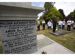 A rededication ceremony was held in 2008 at the grave of early B.C. Premier Amor De Cosmos.