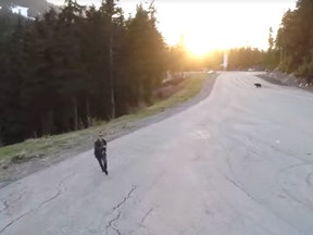 Drone operator Yuri Vlasenko encounters a bear on Cypress Mountain.