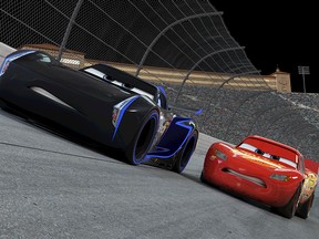 In the third instalment of the Cars franchise, perennial Piston Cup champion Lightning McQueen, right, has his rims full with high-tech rookie racer Jackson Storm.