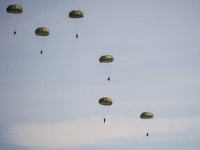 An annual event in suburban Victoria to raise funds for service organizations, has been marred by a skydiving mishap, but fortunately the two men involved are expected to fully recover. A file photo of                                       3 Princess Patricia's Canadian Light Infantry (PPCLI) parachute drops (para drops) over 19 Wing Comox as part of Exercise (Ex) READY ANGLE on the 28 April 2017 is shown here.