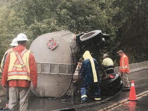An overturned tanker truck has caused a spill near Ucluelet.