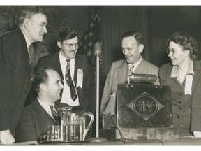 Dec. 8, 1944. Labor-Progressive leaders at the party's second annual provincial convention at the Hotel Vancouver. Left to right: Carl Gray of Whitehorse, Nigel Morgan, a candidate in Comox-Alberni, provincial organizer Tom McEwen, provincial leader Fergus McKean, and provincial secretary Minerva Morgan.