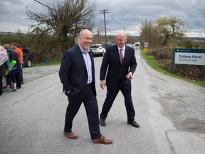 B.C. NDP Leader John Horgan, left, and NDP house leader Mike Farnworth spent time together on the 2017 campaign trail. They'll have many more meetings when Horgan becomes premier of B.C.'s minority government.