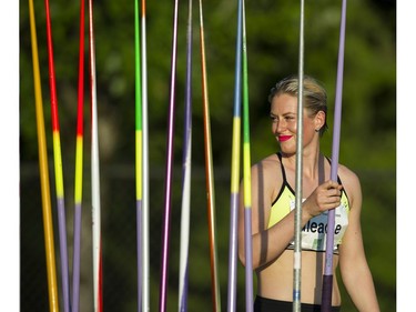 Liz Gleadle selects her javelin as she prepares to throw in the women's javelin event at the 2017 Vancouver Sun Harry Jerome Track Classic at the Percy Perry stadium, Coquitlam, June 28 2017.