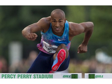 Damian Warner finishes first in the men's 110m hurdles event at the 2017 Vancouver Sun Harry Jerome Track Classic at the Percy Perry stadium, Coquitlam, June 28 2017.
