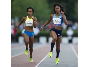 Jasmine Todd finishes ahead of Shai Anne Davis to finish first in the women's 100m event at the 2017 Vancouver Sun Harry Jerome Track Classic at the Percy Perry stadium, Coquitlam, June 28 2017.