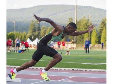 Nathan George starts the 400m event at the 2017 Vancouver Sun Harry Jerome Track Classic at the Percy Perry stadium, Coquitlam, June 28 2017.