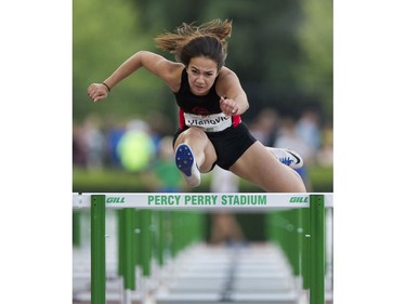 Katarina Vlahovic finishes first in the women's 100m hurdles event at the 2017 Vancouver Sun Harry Jerome Track Classic at the Percy Perry stadium, Coquitlam, June 28 2017.