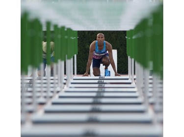 Damian Warner prepares for the men's 110m hurdles event at the 2017 Vancouver Sun Harry Jerome Track Classic at the Percy Perry stadium, Coquitlam, June 28 2017.