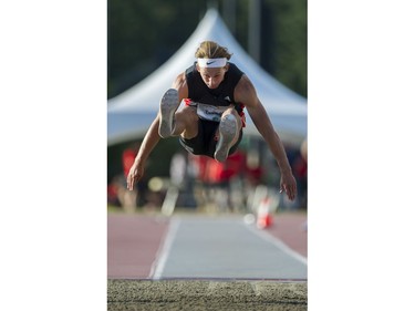 James Turner competes mens long jump event at the 2017 Vancouver Sun Harry Jerome Track Classic at the Percy Perry stadium, Coquitlam, June 28 2017.