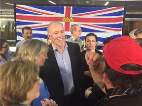 B.C. NDP Leader John Horgan speaks at a public town hall meeting in downtown Vancouver on Wednesday, June 20, 2017.