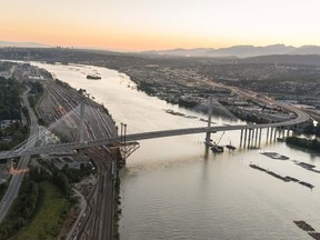 Aerial photos of Port Mann Bridge after sunset.