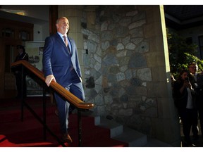 NDP leader and Premier-designate John Horgan makes a brief statement and answers questions from the media after meeting with Lt.-Gov. Judith Guichon at the Government House in Victoria, B.C., on Thursday, June 29, 2017.