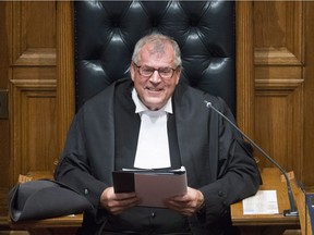 Newly appointed House Speaker Steve Thomson addresses the legislature prior to the Speech from Throne in Victoria, Thursday, June 22, 2017.