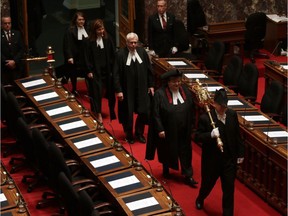 Speaker of the House Linda Reid (second from the front), Liberal MLA for Richmond East, is part of the ceremonial arrival on B.C. provincial budget day in February. B.C.’s three political parties have to sort out who will serve as the next Speaker in the legislature when it reconvenes.