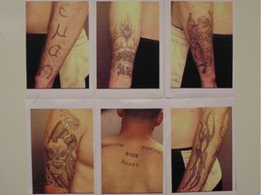 Photos displayed by Vernon RCMP showed tattoos investigators say were worn by members of the Greeks to show gang affiliation.