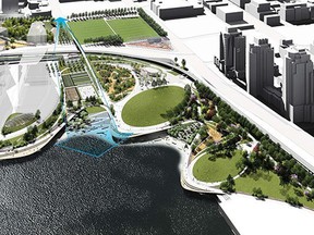 Park design proposes a continuous waterfront promenade that ties together the east basin of False Creek