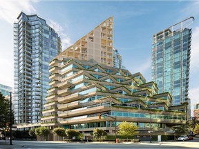 Photo illustration of Arthur Erickson's Evergreen building in the foreground with a rendering of PortLiving's Terrace House tucked behind and stretching into the sky above.