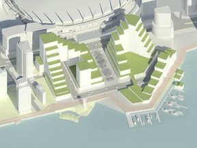 A concept drawing for the redevelopment of Northeast False Creek (the Plaza of Nations) in Downtown Vancouver was presented at open houses by the Canadian Metropolitan Properties Corp. in 2017.