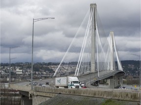 Traffic travels eastbound into Surrey on the tolled Port Mann Bridge in March 2016.