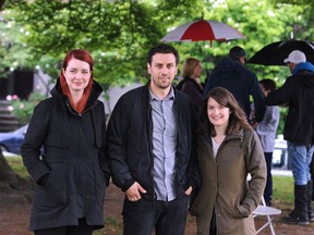 Lindsay Drummond (left), Nick Hunnings and Kirsten Slenning (right) on the set of season 2 of The Drive, an award-winning web series that highlights life and times on Vancouver's Commercial Drive.