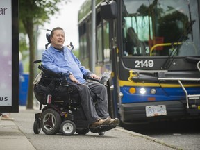 Terry LeBlanc at a West Broadway bus stop in Vancouver. He has been helping TransLink test new technology to make the SkyTrain system more accessible.