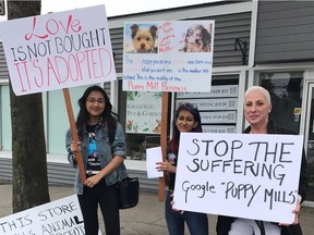 Protesters gather outside the Granville Pet and Garden store in Vancouver on June 17.