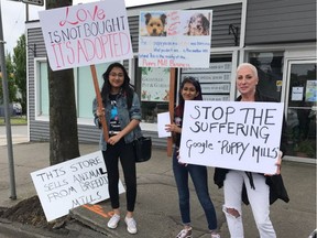 Protesters outside the Granville Pet and Garden store in Vancouver on June 17, 2017.