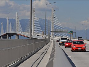 Traffic flows on the tolled Golden Ears Bridge connecting Langley to Pitt Meadows in May 2010.