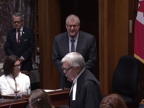 VICTORIA, B.C.: JUNE 22, 2017 – Liberal MLA Steve Thomson (background middle) of Kelowna-Mission speaks to B.C. Legislature immediately after being announced as Speaker of the House on June 22, 2017 in Victoria, B.C.