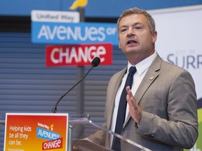 Michael McKnight, president and CEO of the United Way of the Lower Mainland, speaks during a news conference for the United Way Avenues of Change Guildford West program at Surrey in October 2015.