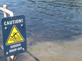 Sudden drop-off warning sign at Thetis Lake.