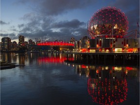 Science World, lit with red lights to celebrate Valentine's Day in Vancouver, February 14 2015.