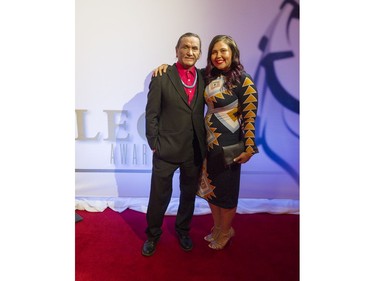 The Sun at Midnite star Duane Howard, who was nominated for lead performance by male in a motion picture, arrives with a guest at the Leo Awards at the Hyatt Regency Hotel in Vancouver, June 4, 2017.