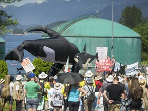 Hundreds of activists rally to finish a 75-kilometre march to the gates of Kinder Morgan during an anti-pipeline walk in Burnaby on May 28.