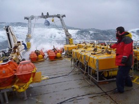 Ocean-bottom seismometers aboard the research vessel Welcoma were deployed in the first year of the Cascadia Initiative as shown in a handout photo.New research focused off the west coast of North America is giving seismologists a better understanding of what one scientist describes as "the single greatest geophysical hazard to the continental United States."