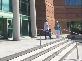 Witness Ingrid Merkus (in tourquoise) outside the Kelowna courthouse during a break in the Jonathan Bacon murder trial.