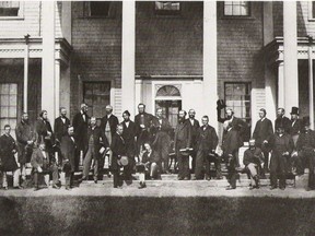 Fathers of Confederation at the Charlottetown Conference of 1864, showing Canada's future first prime minister, John A. Macdonald, seated centre front.