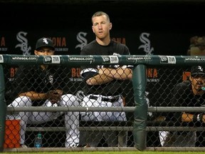 Chicago White Sox third baseman Todd Frazier watches his team during the ninth inning a baseball game against the Los Angeles Dodgers on Tuesday, July 18, 2017, in Chicago. The Dodgers won 1-0. (AP Photo/Charles Rex Arbogast)