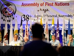 National Chief Perry Bellegarde listens to concerns about the National Inquiry into Missing and Murdered Indigenous Women and Girls during the Assembly of First Nations&#039; 38th annual general meeting Regina, Sask., Thursday, July 27, 2017. THE CANADIAN PRESS/Mark Taylor