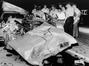 FILE - This June 29, 1967, file photo shows the mangled car that actress Jayne Mansfield died in after colliding with a truck, on Route 90 outside of New Orleans. Fifty years after Mansfield car slammed underneath a tractor-trailer, auto safety advocates say hundreds of similar deaths annually could be prevented by guard rails mounted beneath trucks. New York Sen. Charles Schumer has called on federal regulators to require truck underride guards after two cars skidded under a jackknifed milk tan