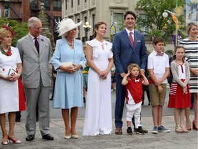 Camilla, Duchess of Cornwall and Prince Charles, Prince of Wales, Camilla, Duchess of Cornwall, Sophie Grégoire Trudeau, Justin Trudeau, Hadrien Trudeau, Ella-Grace Trudeau and Xavier Trudeau watch Canada Day Canada Day celebrations on Parliament Hill on July 1, 2017 in Ottawa, Canada.