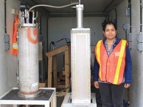 Asha Srinivasan, chief technology officer of Boost Environmental Systems, which is testing a waste-processing system that uses microwave heat and hydrogen peroxide to reduce the volume and composition of manure and sewage solids.