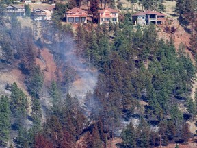 Smoke and fire retardant is seen along a neighbourhood in Lake Country in 2017.