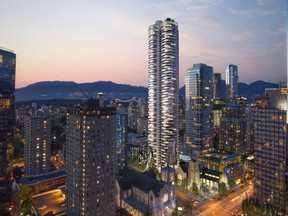A proposed 57-storey residential tower in Downtown Vancouver is shown in a rendering from Bing Thom Architects.