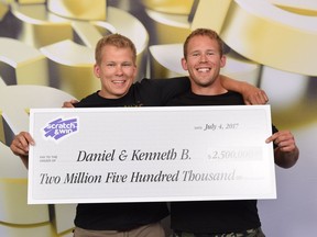 From left, brothers Kenneth and Daniel Boylan won $2.5 million, the largest Scratch & Win prize ever won in B.C.