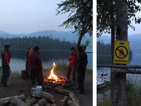 The firefighters having a campfire at Gordon Bay on Adams Lake (left) and the No Campfires sign on a nearby tree (right).